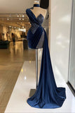 Blue satin shiny sequins fashion unique long and short prom dress evening dress HZ1023