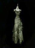 Green/champagne Vintage Elegant Long Lace Ruffle prom dress Evening Dress HZ1023
