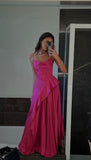 Pink spaghetti straps simple elegant long irregular ball gown evening dress HZ1023