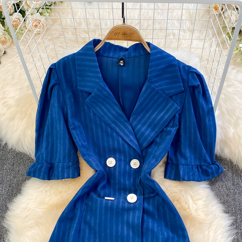 Blue Double-Breasted Striped Dress HZ1023
