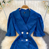 Blue Double-Breasted Striped Dress HZ1023
