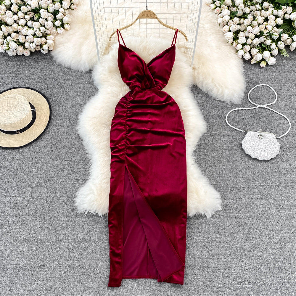 Slim open back split gold velvet dress suspender dress HZ1023