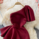 Stylish One Shoulder Satin Short Dress Party Dress HZ1023