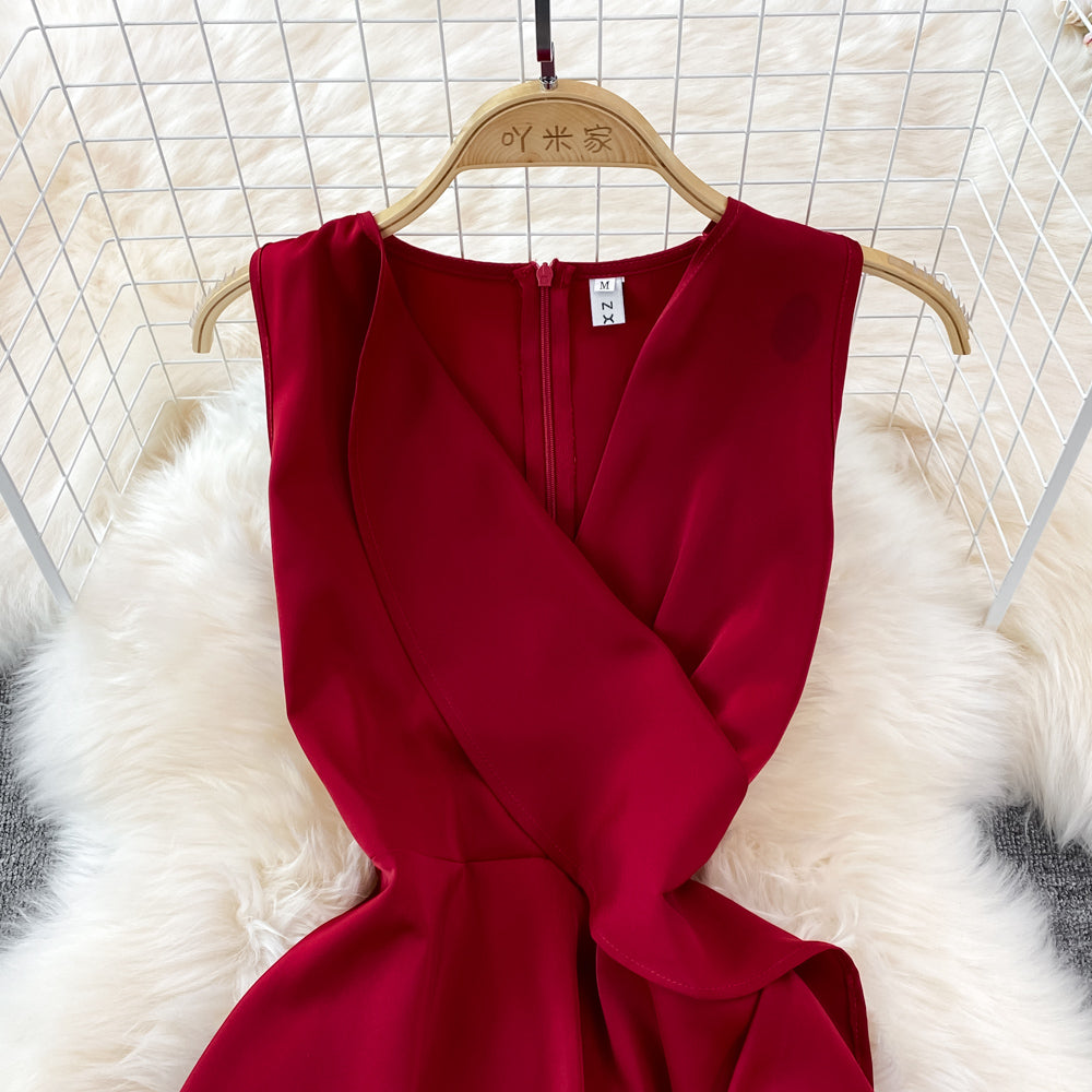 V-neck high waist slim Ruffle sleeveless A-line dress HZ1023