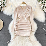V-neck drawcord pleated sexy slim short Hip Wrap Dress HZ1023