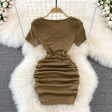 Design sense long sleeve slim fit wrinkled short Hip Wrap Dress HZ1023