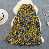Vintage elastic waist stitched broken flower big swing Chiffon HZ1023