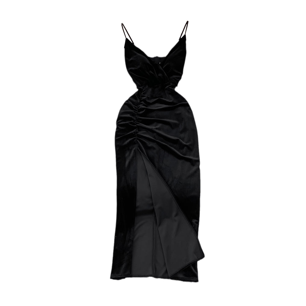 Slim open back split gold velvet dress suspender dress HZ1023