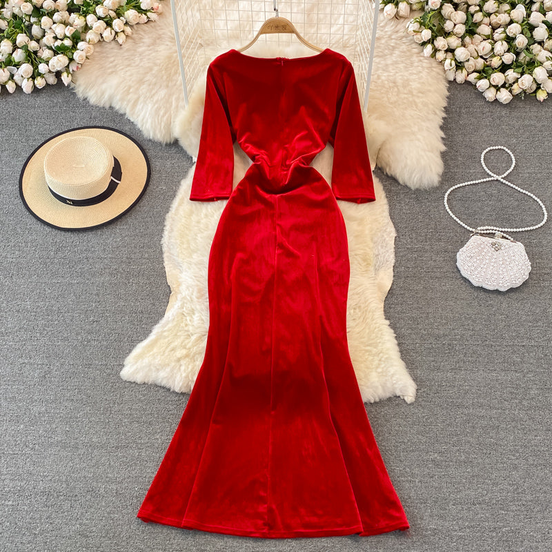 Stylish V Neck Velvet Long Dress Fahsion Dress HZ1023