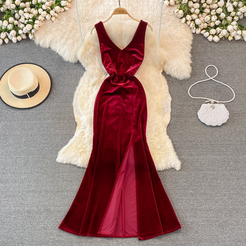 Sexy V Neck Velvet Long Dress Fashion Dress HZ1023
