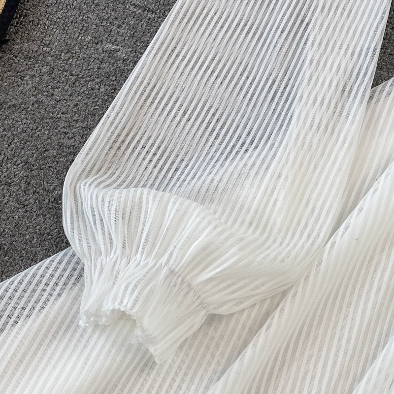 White V Neck Short Dress A Line Long Sleeve Dress HZ1023