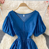 Simple V Neckline Denim Dress A Line Fashion Dress HZ1023