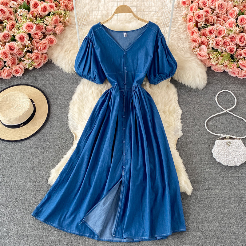 Simple V Neckline Denim Dress A Line Fashion Dress HZ1023