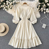 Simple A Line Embroidery Long Sleeve Dress HZ1023