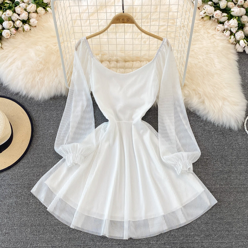 White V Neck Short Dress A Line Long Sleeve Dress HZ1023