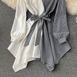 Fashionable Striped Long-Sleeved Irregular Dress HZ1023