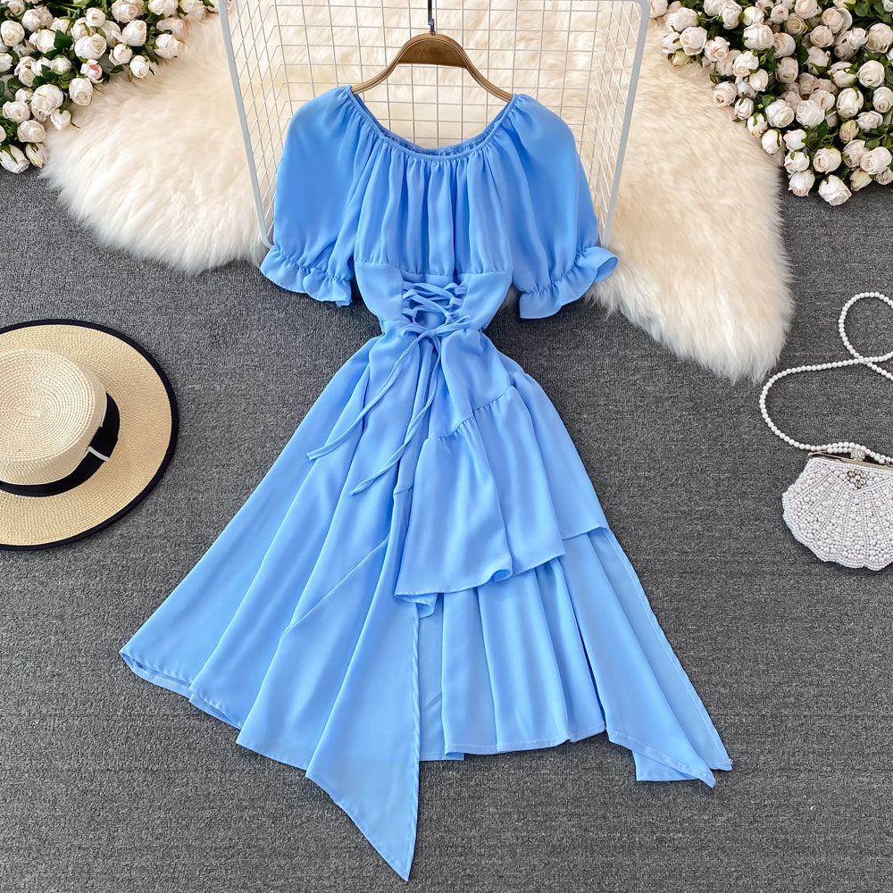 Simple Lace-Up Dress With Irregular Dress HZ1023