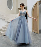 Gray tulle beads long prom dress A line evening dress HZ1023