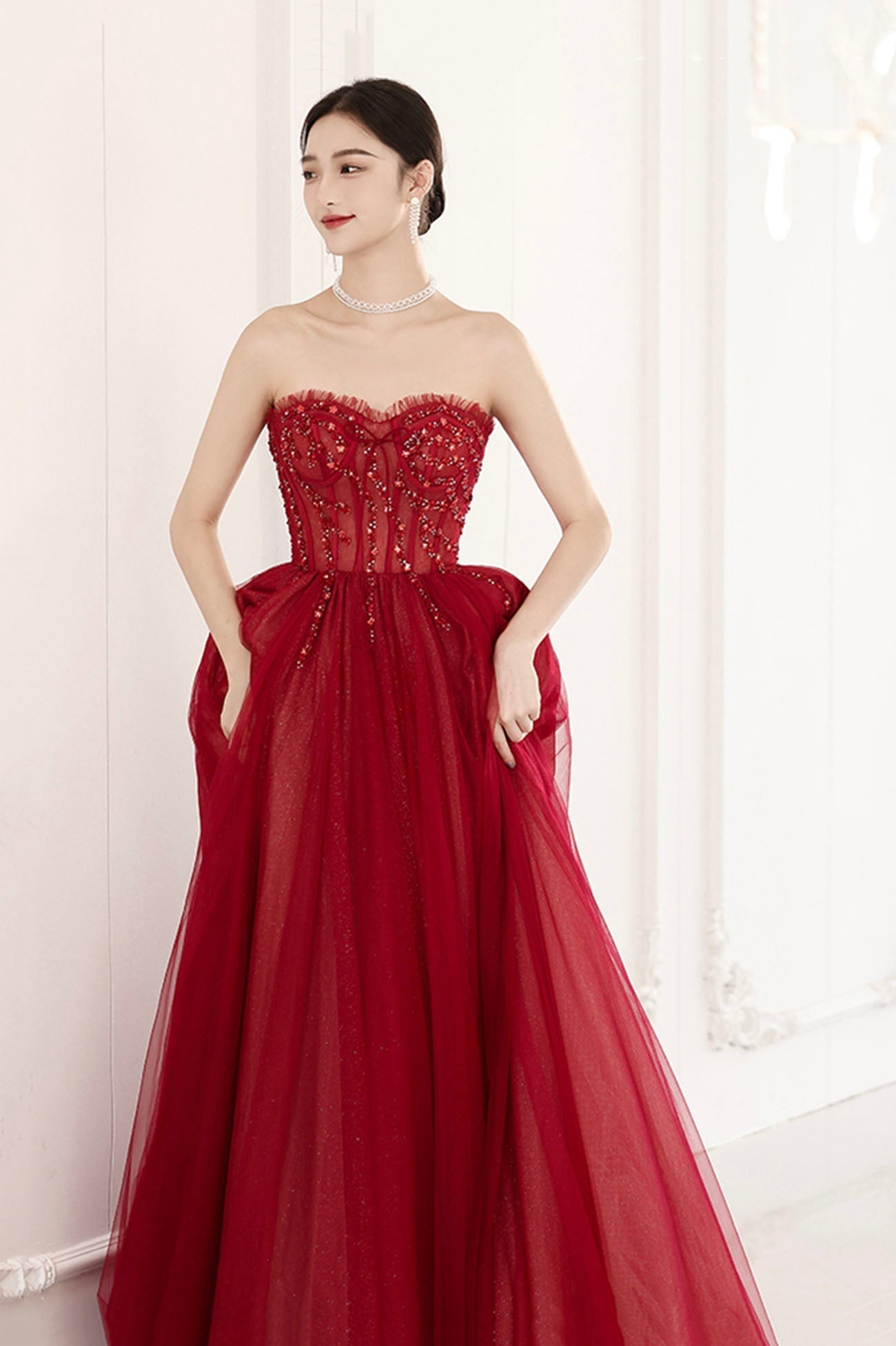 Burgundy tulle beads long prom dress evening dress HZ1023