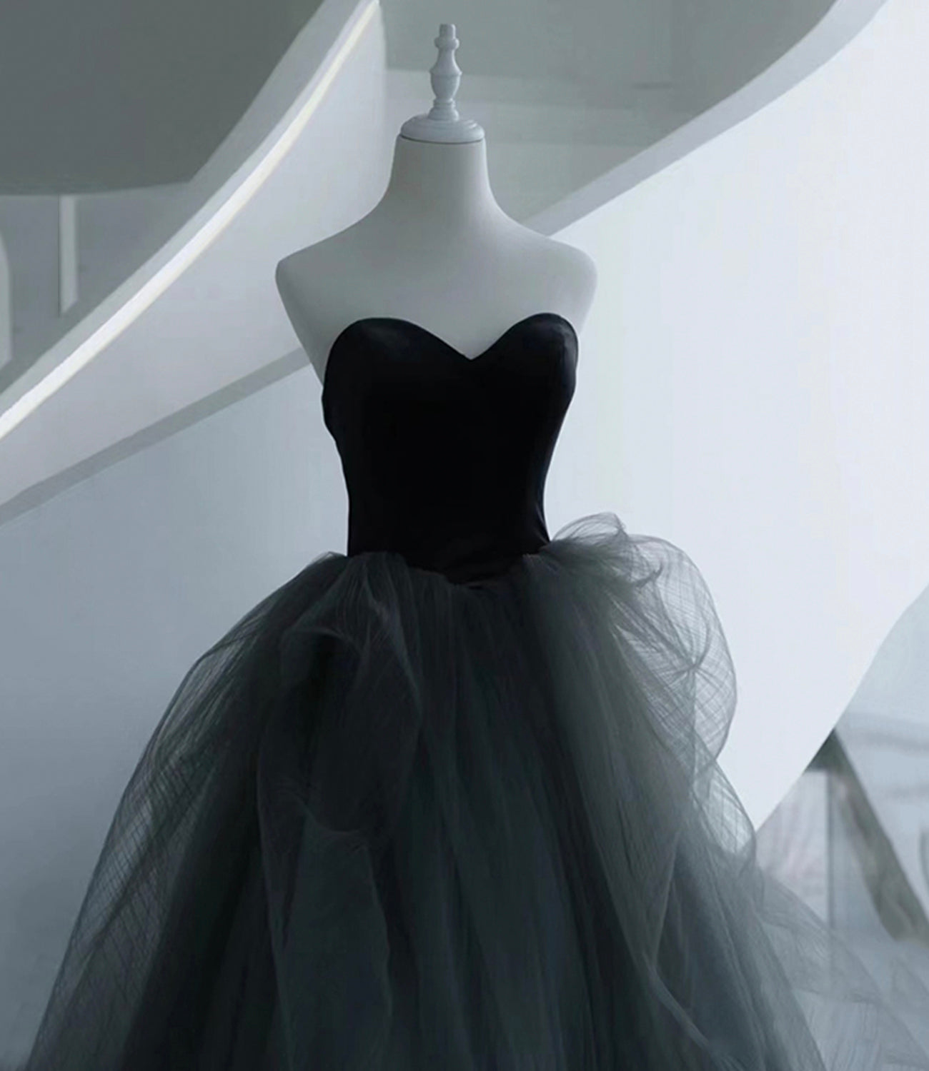 Black and gray tulle long prom dress A line evening dress HZ1023