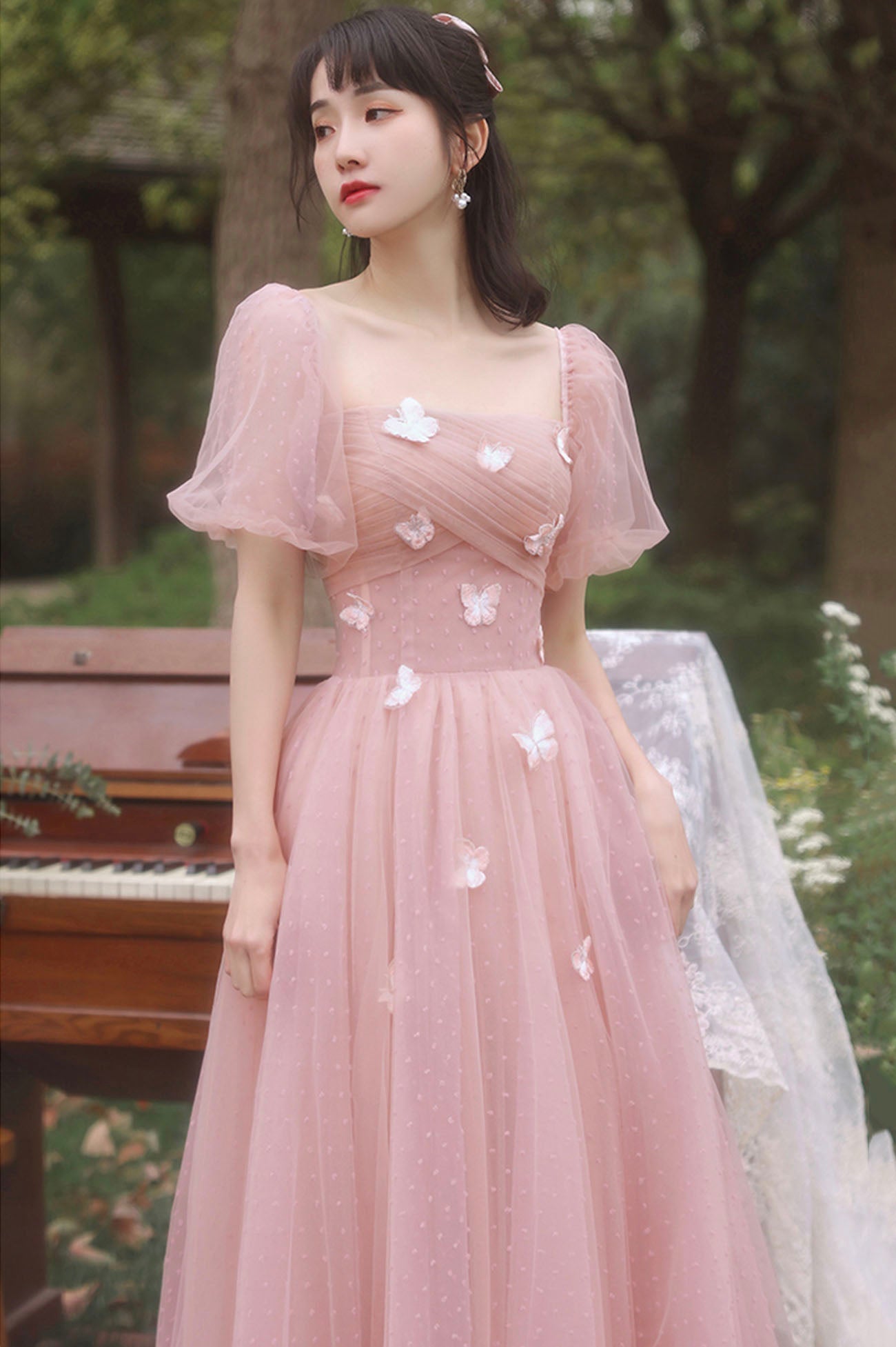 Pink tulle long prom dress A line evening dress HZ1023