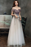 Purple tulle sequins long prom dress A line evening dress HZ1023