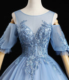 Blue tulle lace long prom dress A line evening dress HZ1023