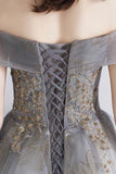 Gray tulle sequins long prom dress evening dress HZ1023