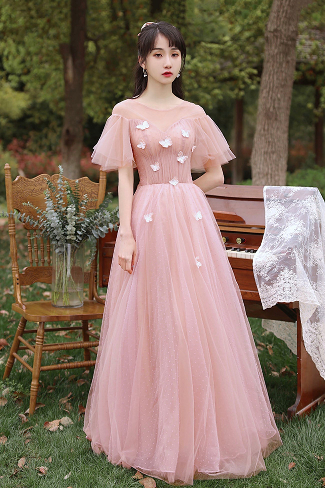 Pink tulle long prom dress A line evening dress HZ1023