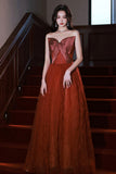 Burgundy satin tulle long prom dress A line evening dress HZ1023