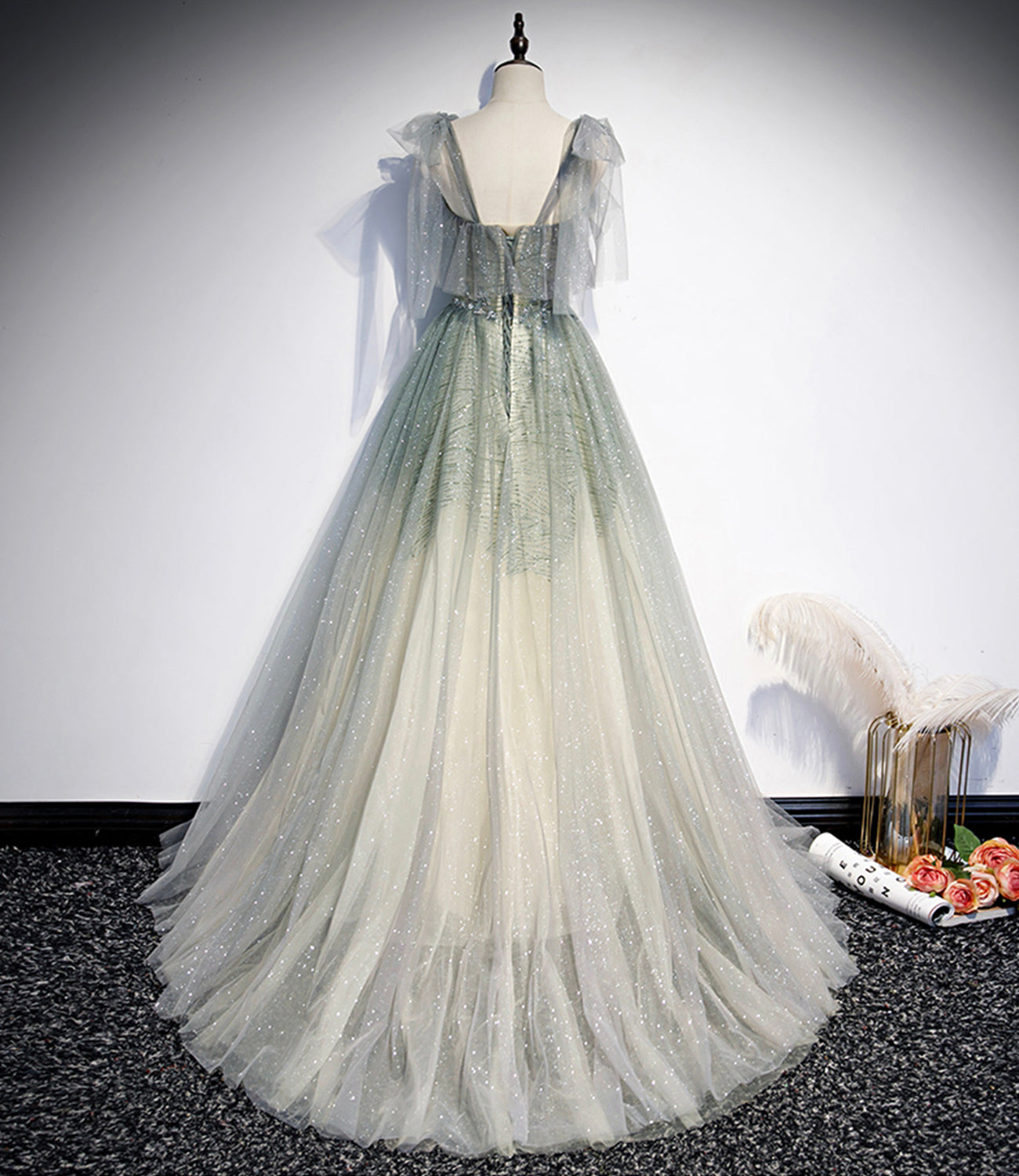 Green tulle sequins long prom dress evening gown HZ1023