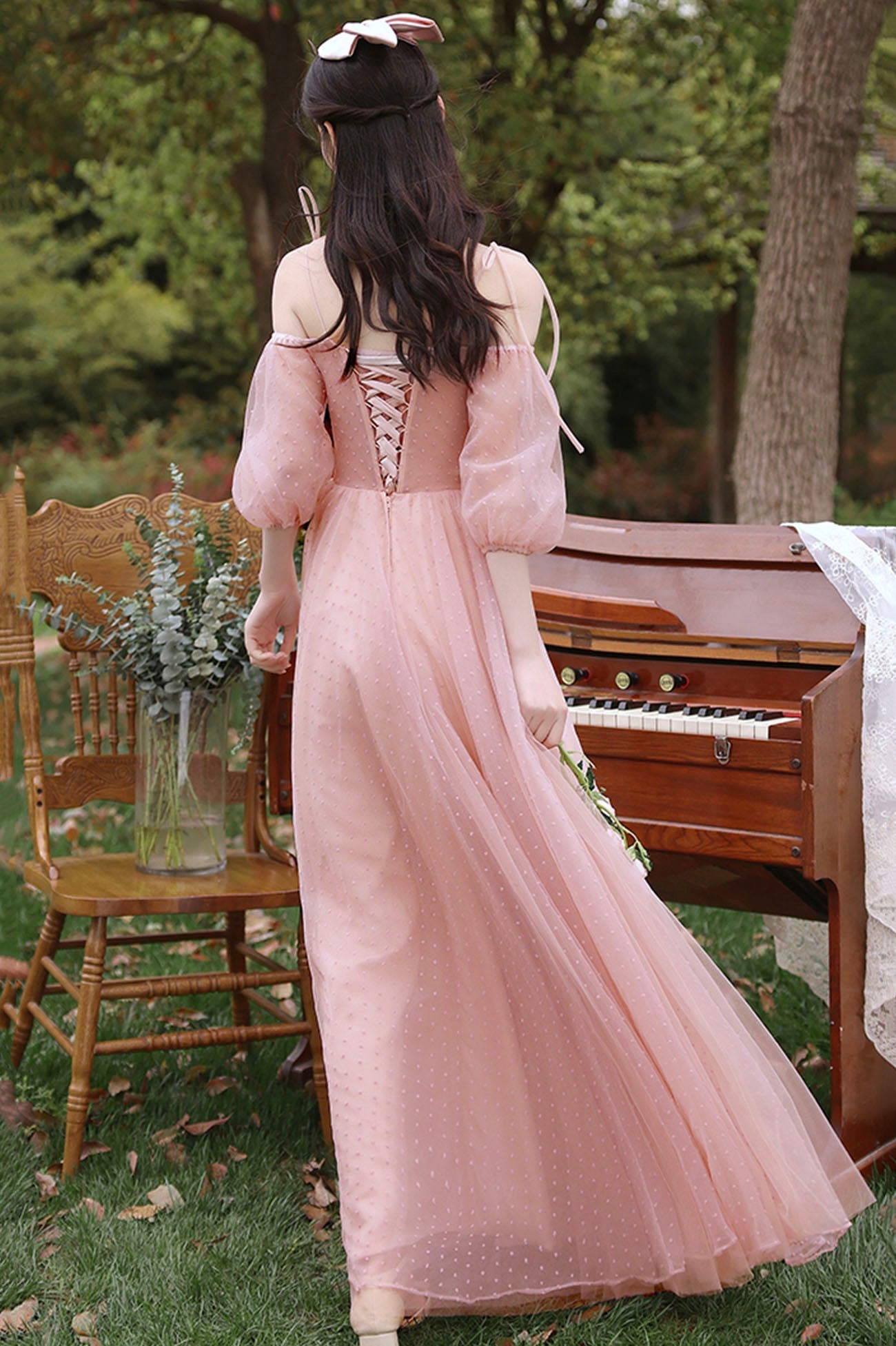 Pink tulle long prom dress A line evening dress HZ1023