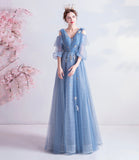 Blue v neck tulle long prom dress A line evening dress HZ1023