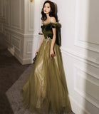 Green velvet tulle long A line prom dress evening dress HZ1023
