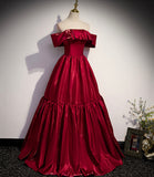 Red satin off shoulder elegant simple long ball gown A-line evening dress HZ1023