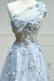 Blue lace applique elegant fantasy long prom dress a line evening gown HZ1023