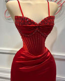 Red Fashion Elegant Exquisite Beaded Spaghetti Straps Long Sexy Slit Satin Ball Gown Evening Dress Party Dress HZ1023