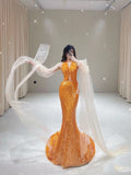 Orange Gorgeous Shiny Elegant Long Sleeve Tulle Long Sequin Mermaid Slim Ball Gown Evening Dress Party Dress HZ1023