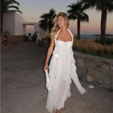 White pure color youthful elegant sweet long chiffon ruffle irregular skirt seaside beach holiday party dress evening dress prom dress HZ1023