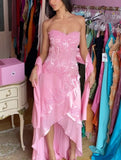 Pink Elegant Fashion Sweetheart Neckline Exquisite Beading Long satin lace Ruffled Ball Gown Evening Dress Party Dress HZ1023