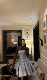 Light Blue Fashion Chic Off Shoulder A-Line Ruffle Short Satin Homecoming Dress Cocktail Party Dress Prom Dress Evening Dress HZ1023