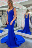 Rose Red V-neck Beading Mermaid Prom Dress with Side Slit HZ1023