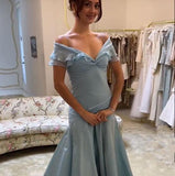 Blue elegant simple off-shoulder tulle long ball gown evening dress HZ1023