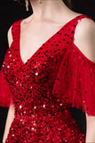 Red tulle sequins long A line prom dress red evening dress HZ1023