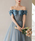 Blue tulle long A line ball gown dress evening gown HZ1023