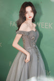 Gray tulle beads long prom dress gray evening dress HZ1023