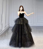 Black velvet tulle long ball gown dress black formal dress HZ1023