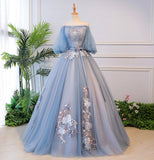 Blue tulle lace long ball gown dress formal dress HZ1023