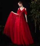 Red tulle sequins long A line prom dress red evening dress HZ1023