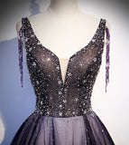 Purple v neck tulle beads long prom dress evening dress HZ1023